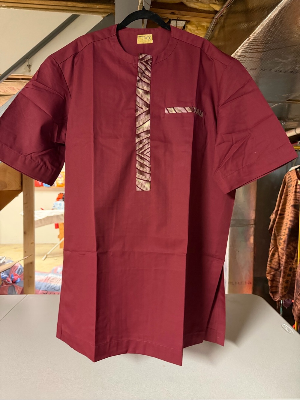Men's Short-Sleeve Maroon Button-Down Shirt with Pattern Trim
